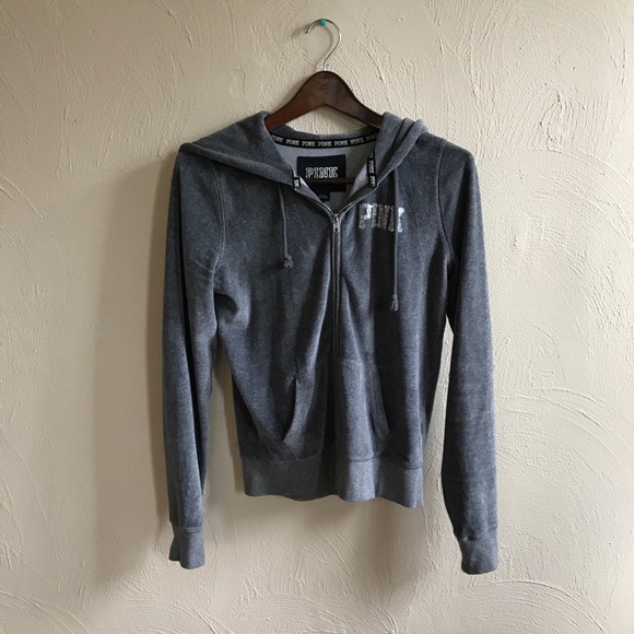 VS PINK | Gray Crushed Velvet Sequined Hoodie - Picture 7 of 8